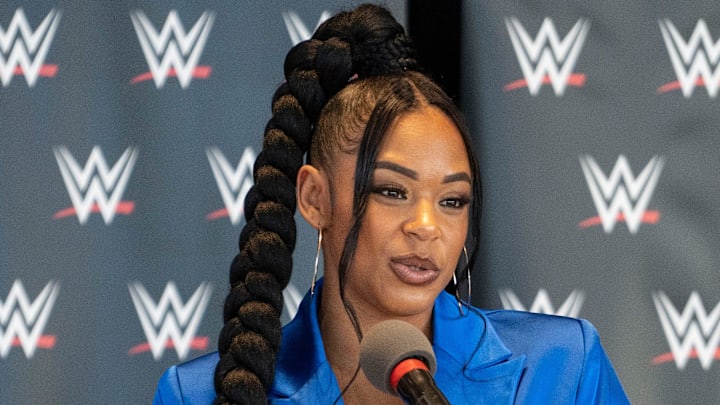 Bianca Belair spoke at WWE's press event for WrestleMania 43. Bianca Belair spoke at WWE's press event for WrestleMania 43.
