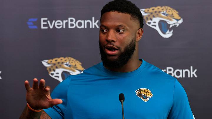 Jacksonville Jaguars defensive end Josh Hines-Allen speaks during a press conference at the Miller Electric Center, Monday, April 20, 2026 in Jacksonville, Fla.