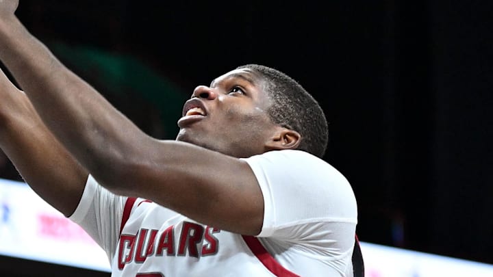 Nov 21, 2024; Spokane, Washington, USA; Washington State Cougars guard Cedric Coward (0) shoots the ball against the Eastern Washington Eagles in the first half at Spokane Veterans Memorial Arena. Mandatory Credit: James Snook-Imagn Images Nov 21, 2024; Spokane, Washington, USA; Washington State Cougars guard Cedric Coward (0) shoots the ball against the Eastern Washington Eagles in the first half at Spokane Veterans Memorial Arena. Mandatory Credit: James Snook-Imagn Images