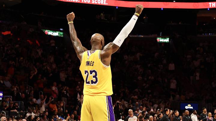 Mar 19, 2026; Miami, Florida, USA; Los Angeles Lakers forward LeBron James (23) celebrates guard Luka Doncic (not shown) after scoring 60 points against the Miami Heat at Kaseya Center. Mandatory Credit: Isabella Frias-Imagn Images