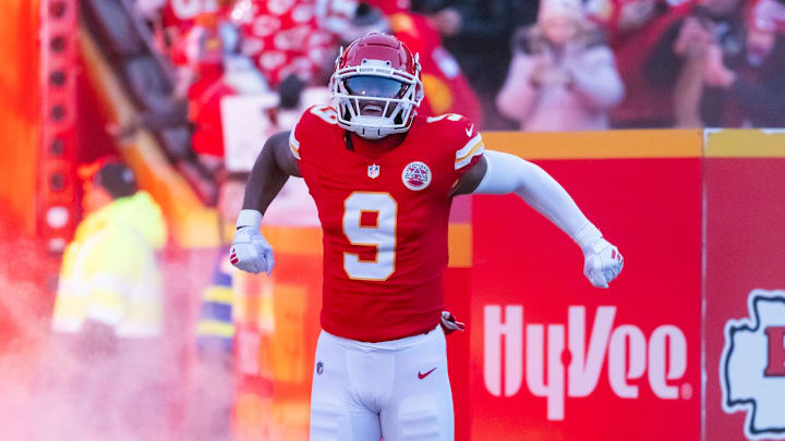 Jan 26, 2025; Kansas City, MO, USA; Kansas City Chiefs wide receiver JuJu Smith-Schuster (9) against the Buffalo Bills in the AFC Championship game at GEHA Field at Arrowhead Stadium. Mandatory Credit: Mark J. Rebilas-Imagn Images Jan 26, 2025; Kansas City, MO, USA; Kansas City Chiefs wide receiver JuJu Smith-Schuster (9) against the Buffalo Bills in the AFC Championship game at GEHA Field at Arrowhead Stadium. Mandatory Credit: Mark J. Rebilas-Imagn Images