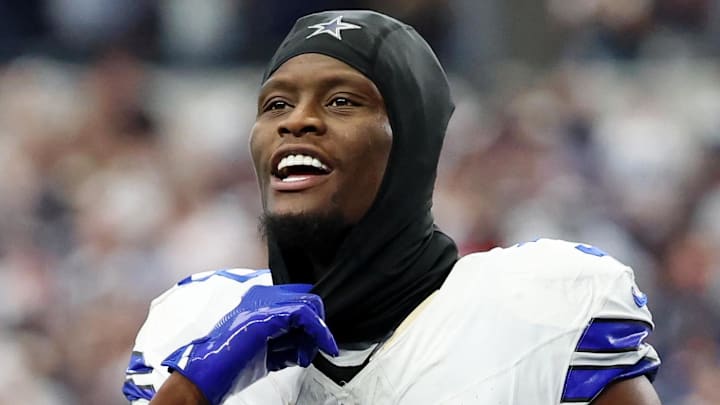 Sep 14, 2025; Arlington, Texas, USA; Dallas Cowboys wide receiver George Pickens (3) reacts after a play against the New York Giants during the fourth quarter at AT&T Stadium. Mandatory Credit: Kevin Jairaj-Imagn Images