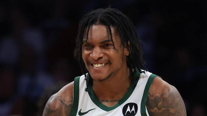 Milwaukee Bucks guard Kevin Porter Jr. (7) reacts against the Miami Heat during the fourth quarter at Kaseya Center on Mar 12, 2026.