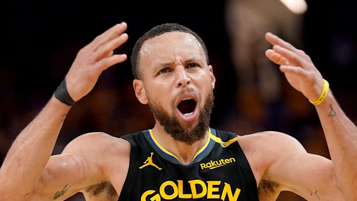 May 2, 2025; San Francisco, California, USA; Golden State Warriors guard Stephen Curry (30) reacts after being fouled against the Houston Rockets in the third quarter of game six of the first round for the 2025 NBA Playoffs at Chase Center. Mandatory Credit: Cary Edmondson-Imagn Images