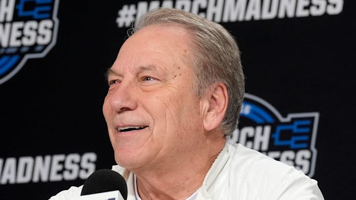 Michigan State basketball coach Tom Izzo laughs at a question during a press conference at Capital One Arena in Washington DC on Thursday, March 26, 2026. 
The Spartans plays the University of Connecticut on Friday evening.