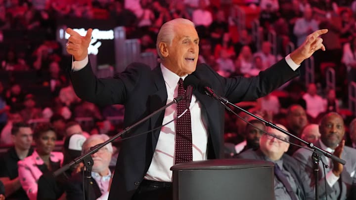 Oct 23, 2024; Miami, Florida, USA;  Miami Heat president Pat Riley addresses the crowd during the Pat Riley Court dedication ceremony at halftime at Kaseya Center. Mandatory Credit: Jim Rassol-Imagn Images