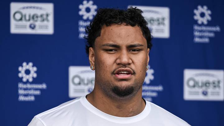 May 9, 2026; East Rutherford, NJ, USA; New York Giants offensive lineman Francis Mauigoa (65) speaks during a press conference at rookie minicamp at Quest Diagnostics Training Center.  