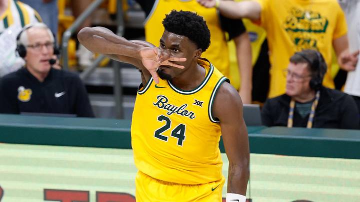 Feb 10, 2026; Waco, Texas, USA;  Baylor Bears guard Tounde Yessoufou (24) reacts after scoring a three-point basket against the BYU Cougars during the second half at Paul and Alejandra Foster Pavilion. Mandatory Credit: Chris Jones-Imagn Images