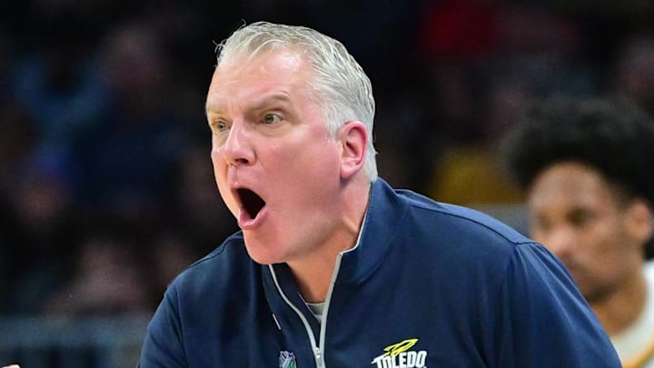 Mar 11, 2023; Cleveland, OH, USA; Toledo Rockets head coach Tod Kowalczyk reacts to a call during the second half against the Kent State Golden Flashes at Rocket Mortgage Field House. Mandatory Credit: Ken Blaze-Imagn Images Mar 11, 2023; Cleveland, OH, USA; Toledo Rockets head coach Tod Kowalczyk reacts to a call during the second half against the Kent State Golden Flashes at Rocket Mortgage Field House. Mandatory Credit: Ken Blaze-Imagn Images