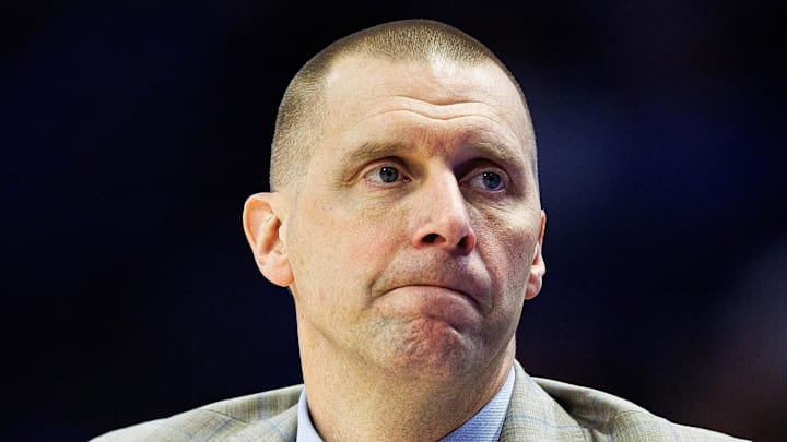 Feb 17, 2026; Lexington, Kentucky, USA; Kentucky Wildcats head coach Mark Pope looks to his bench during the second half against the Georgia Bulldogs at Rupp Arena at Central Bank Center. Mandatory Credit: Jordan Prather-Imagn Images