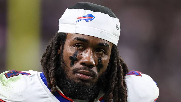 Oct 18, 2026; Paradise, Nevada, USA; Buffalo Bills running back James Cook III (4) on the sidelines during the fourth quarter against the Las Vegas Raiders at Allegiant Stadium. Mandatory Credit: Christopher Trim-Imagn Images
