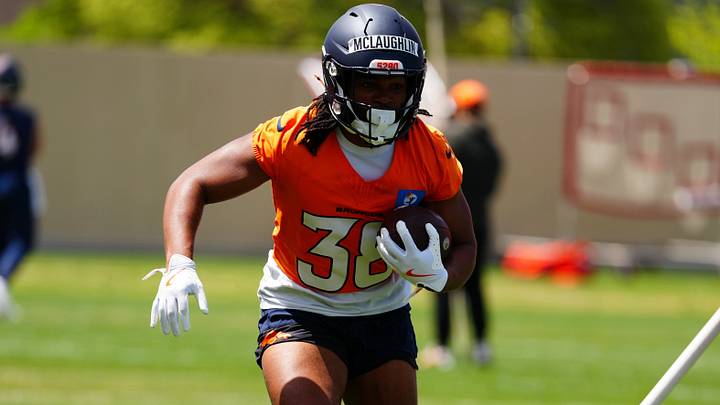 Jun 16, 2026; Englewood, CO, USA; Denver Broncos running back Jaleel McLaughlin (38) during mini camp at Broncos Park. Jun 16, 2026; Englewood, CO, USA; Denver Broncos running back Jaleel McLaughlin (38) during mini camp at Broncos Park.