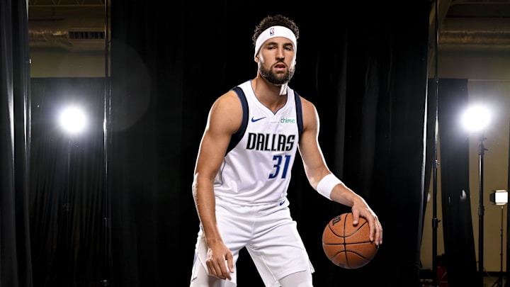 Sep 30, 2024; Dallas, TX, USA; Dallas Mavericks guard Klay Thompson (31) poses for a photo during the 2024 Dallas Mavericks media day. Mandatory Credit: Jerome Miron-Imagn Images
