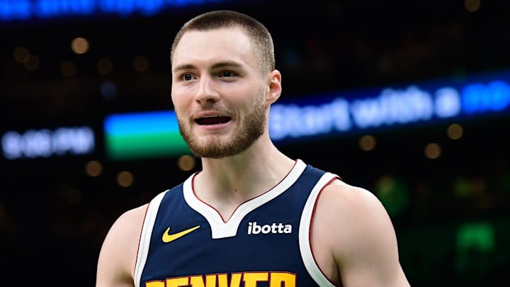 Jan 7, 2026; Boston, Massachusetts, USA; Denver Nuggets guard Christian Braun (0) reacts after a play during the second half against the Boston Celtics at TD Garden. Mandatory Credit: Bob DeChiara-Imagn Images