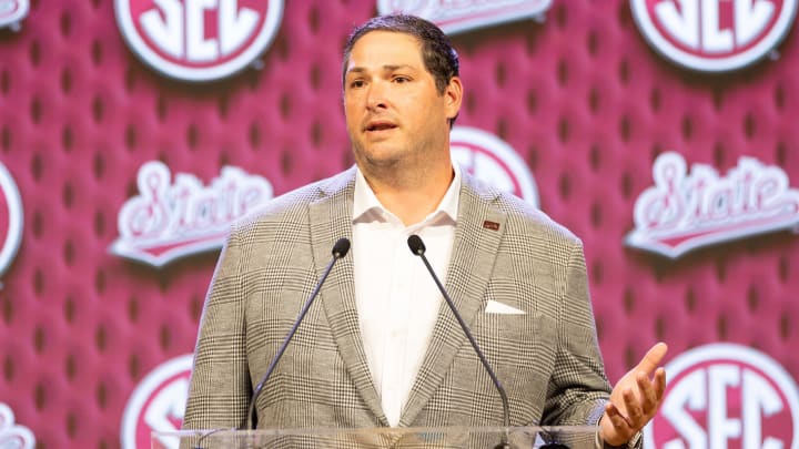 Mississippi State head coach Jeff Lebby speaking at Omni Dallas Hotel.
