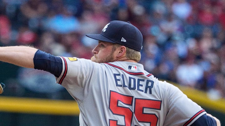 Apr 4, 2026; Phoenix, Arizona, USA; Atlanta Braves pitcher Bryce Elder (55) on the mound to pitch in the second inning of a game against the Arizona Diamondbacks at Chase Field. Mandatory Credit: Allan Henry-Imagn Images