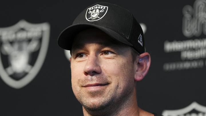 Las Vegas Raiders head coach Klint Kubiak speaks during a news conference during organized team activities.