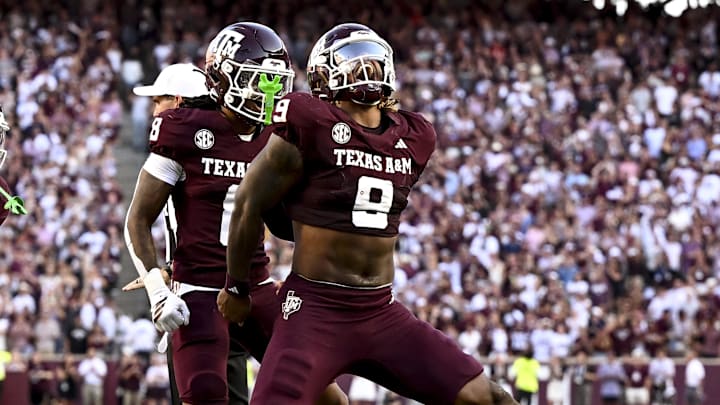 Sep 27, 2025; College Station, Texas, USA; Texas A&M Aggies defensive end Cashius Howell (9) reacts after a sack during the fourth quarter against the Auburn Tigers at Kyle Field. Mandatory Credit: Maria Lysaker-Imagn Images
