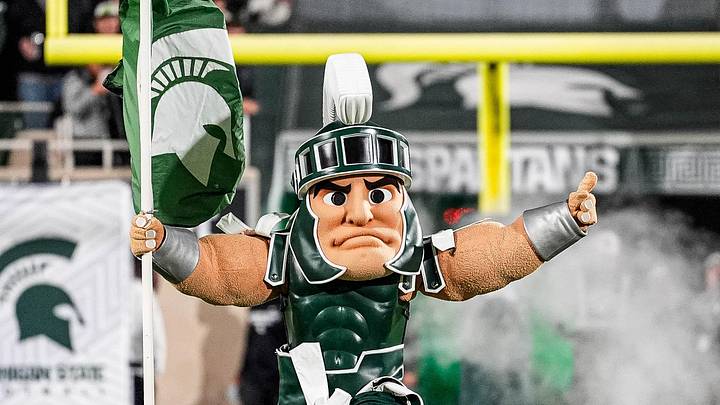 Michigan State mascot Sparty runs out of the tunnel before kickoff against Michigan at Spartan Stadium in East Lansing on Saturday, October 25, 2025.