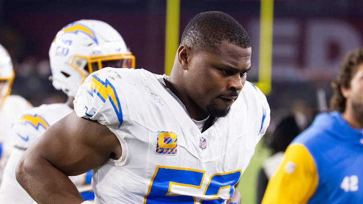 Oct 21, 2024; Glendale, Arizona, USA; Los Angeles Chargers linebacker Khalil Mack (52) against the Arizona Cardinals at State Farm Stadium. Mandatory Credit: Mark J. Rebilas-Imagn Images