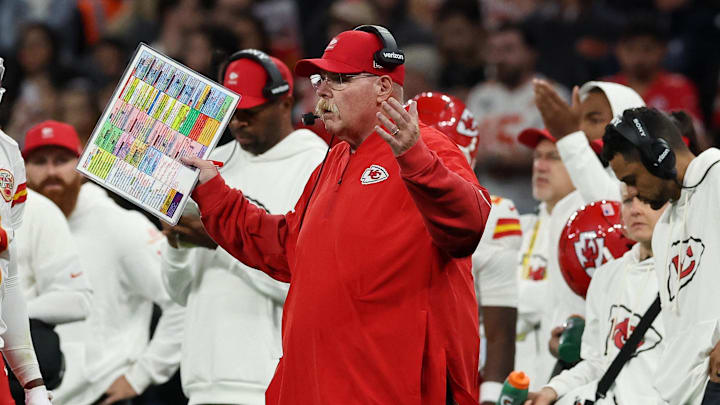 Sep 5, 2025; Sao Paulo, BRAZIL; Kansas City Chiefs head coach Andy Reid reacts in the second half against the Los Angeles Chargers during a NFL game at Corinthians Arena. Mandatory Credit: Amanda Perobelli/Reuters via Imagn Images