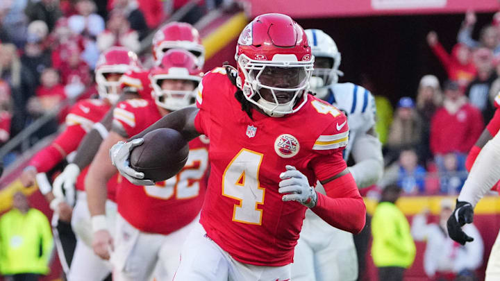 Nov 23, 2025; Kansas City, Missouri, USA; Kansas City Chiefs wide receiver Rashee Rice (4) runs against the Indianapolis Colts in overtime at GEHA Field at Arrowhead Stadium. Mandatory Credit: Denny Medley-Imagn Images | Denny Medley-Imagn Images