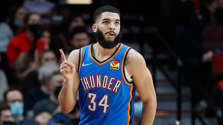 Feb 4, 2022; Portland, Oregon, USA; Oklahoma City Thunder small forward Kenrich Williams (34) reacts after a shot during the second half against The Portland Trail Blazers at Moda Center. Mandatory Credit: Soobum Im-USA TODAY Sports