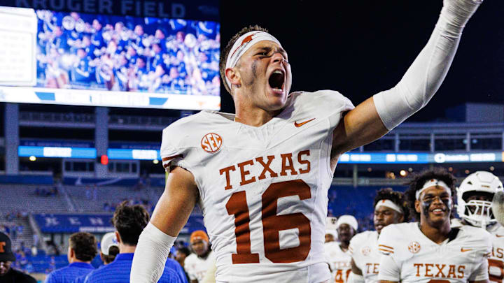 Oct 18, 2025; Lexington, Kentucky, USA; Texas Longhorns defensive back Michael Taaffe (16) celebrates after the game against the Kentucky Wildcats at Kroger Field. Mandatory Credit: Jordan Prather-Imagn Images