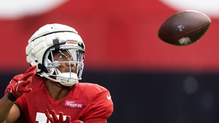 Jul 29, 2025; Glendale, AZ, USA; Arizona Cardinals wide receiver Zay Jones (17) during training camp at State Farm Stadium. Mandatory Credit: Mark J. Rebilas-Imagn Images