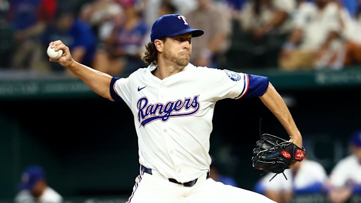 Jul 22, 2025; Arlington, Texas, USA;  Texas Rangers starting pitcher Jacob deGrom (48) throws during the first inning against the Athletics at Globe Life Field. 