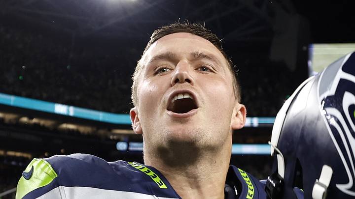 Seattle Seahawks quarterback Drew Lock reacts after defeating the New England Patriots