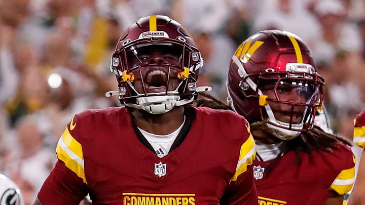 Washington Commanders safety Percy Butler (35) celebrates after tackling Green Bay Packers wide receiver Matthew Golden (0) near the goal line on a punt return on Thursday, September 11, 2025, at Lambeau Field in Green Bay, Wis. The Packers won the game, 27-18.
Tork Mason/USA TODAY NETWORK-Wisconsin