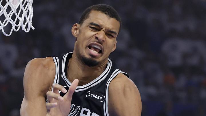 May 26, 2026; Oklahoma City, Oklahoma, USA; San Antonio Spurs forward Victor Wembanyama (1) fumbles a rebound in front of Oklahoma City Thunder center Isaiah Hartenstein (55) and guard Shai Gilgeous-Alexander (2) during the first quarter in game five of the western conference finals for the 2026 NBA playoffs at Paycom Center. Mandatory Credit: Alonzo Adams-Imagn Images
