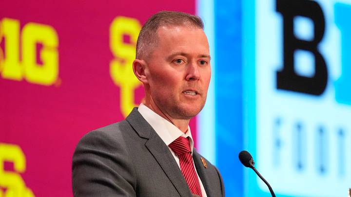 Jul 24, 2025; Las Vegas, NV, USA; USC head coach Lincoln Riley speaks to the media during the Big Ten NCAA college football media days at Mandalay Bay Resort. Mandatory Credit: Lucas Peltier-Imagn Images