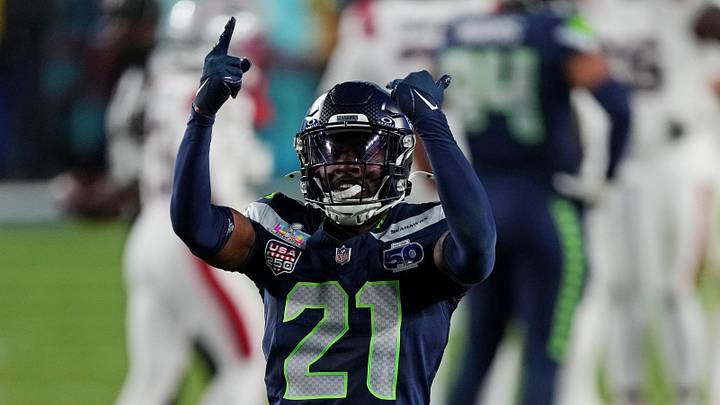 Feb 8, 2026; Santa Clara, CA, USA; Seattle Seahawks cornerback Devon Witherspoon (21) celebrates after a play during the fourth quarter against the New England Patriots in Super Bowl LX at Levi's Stadium.