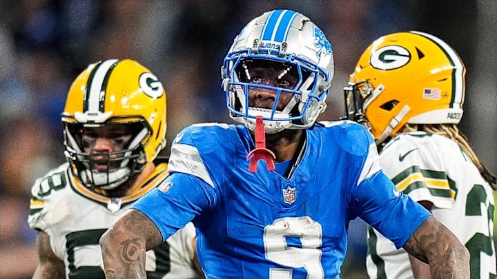 Detroit Lions wide receiver Jameson Williams (9) celebrates a first down against Green Bay Packers during the first half at Ford Field in Detroit on Thursday, Dec. 5, 2024.