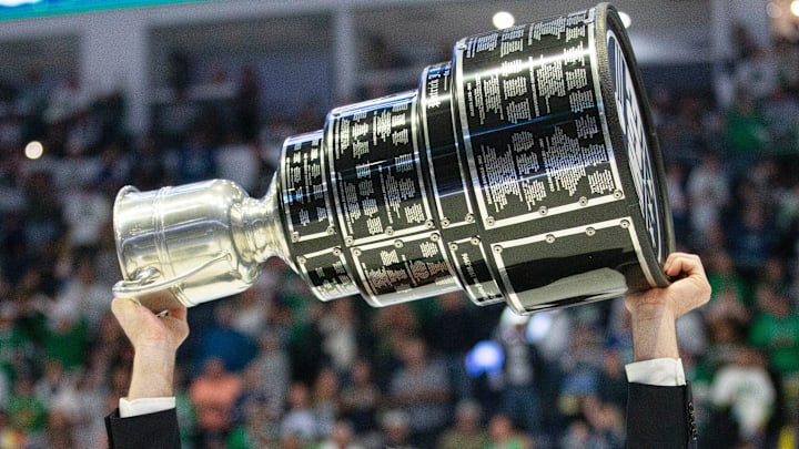 Brad Ralph, the head coach of the Florida Everblades holds the Kelly Cup after a win in gam 5 of the ECHL Kelly Cup Finals against the Kansas City Mavericks at Hertz Arena in Estero on June 8, 2024. The Everblades won in overtime 4Ñ3.