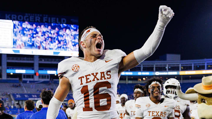 Oct 18, 2025; Lexington, Kentucky, USA; Texas Longhorns defensive back Michael Taaffe (16) celebrates after the game against the Kentucky Wildcats at Kroger Field. Mandatory Credit: Jordan Prather-Imagn Images