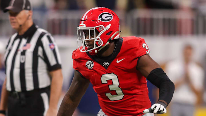 Nov 28, 2025; Atlanta, Georgia, USA; Georgia Bulldogs linebacker CJ Allen (3) in action against the Georgia Tech Yellow Jackets in the fourth quarter at Mercedes-Benz Stadium. Mandatory Credit: Brett Davis-Imagn Images

