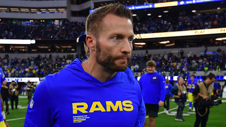 Jan 4, 2026; Inglewood, California, USA;  Los Angeles Rams head coach Sean McVay leaves the field following a game against the Arizona Cardinals at SoFi Stadium. Mandatory Credit: Gary A. Vasquez-Imagn Images