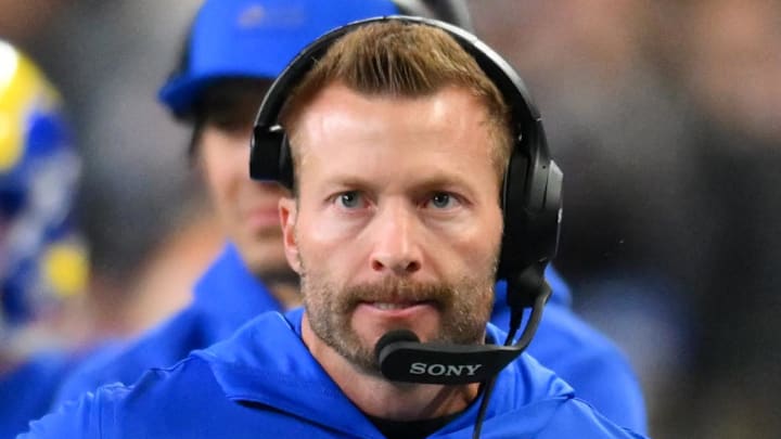Dec 18, 2025; Seattle, Washington, USA; Los Angeles Rams head coach Sean McVay looks on in the first half against the Seattle Seahawks at Lumen Field. Mandatory Credit: Steven Bisig-Imagn Images