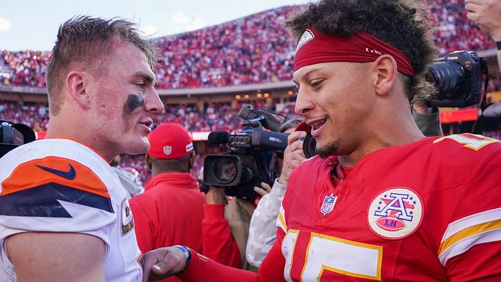 Denver Broncos quarterback Bo Nix (10) and Chiefs QB Patrick Mahomes