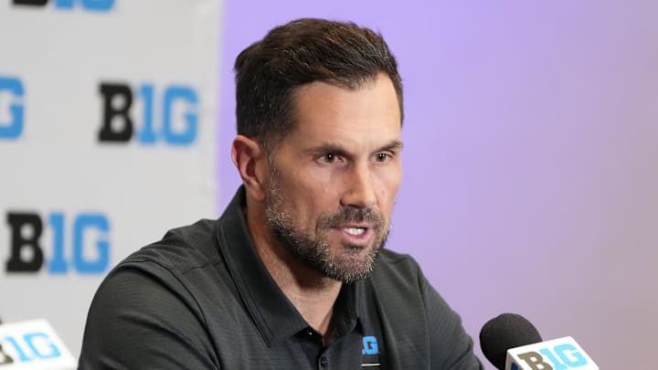 Jul 23, 2025; Las Vegas, NV, USA; Former NFL quarterback Matt Leinart speaks to the media about The We Give Blood Drive during the Big Ten NCAA college football media days at Mandalay Bay Resort. Mandatory Credit: Lucas Peltier-Imagn Images