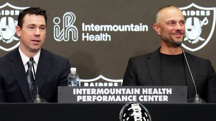Feb 10, 2026; Henderson, NV, USA; Las Vegas Raiders coach Klint Kubiak (left) and general manager John Spytek at introductory press conference at Intermountain Health Performance Center. Mandatory Credit: Kirby Lee-Imagn Images