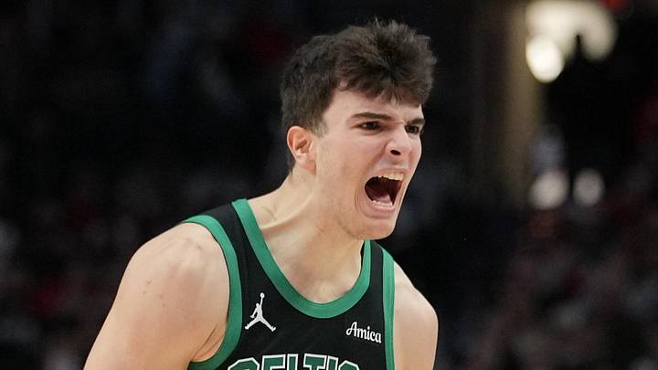 Dec 28, 2025; Portland, Oregon, USA; Boston Celtics guard Hugo Gonzalez (28) celebrates after making a three-point basket during the second half against the Portland Trail Blazers at Moda Center. Mandatory Credit: Soobum Im-Imagn Images