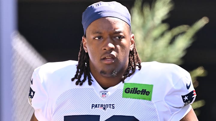Jul 28, 2025; Foxborough, MA, USA; New England Patriots center Jared Wilson (58) heads to the practice fields for training camp at Gillette Stadium.