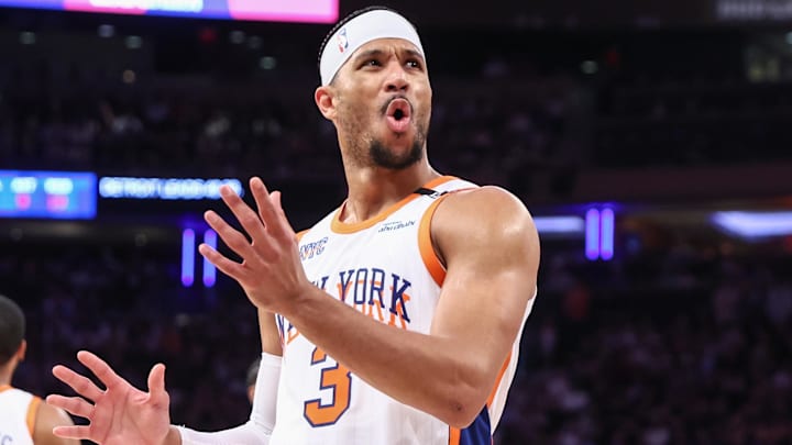 Apr 29, 2025; New York, New York, USA; New York Knicks guard Josh Hart (3) reacts after being called for a foul in the second quarter against the Detroit Pistons during game five of first round for the 2025 NBA Playoffs at Madison Square Garden. Mandatory Credit: Wendell Cruz-Imagn Images