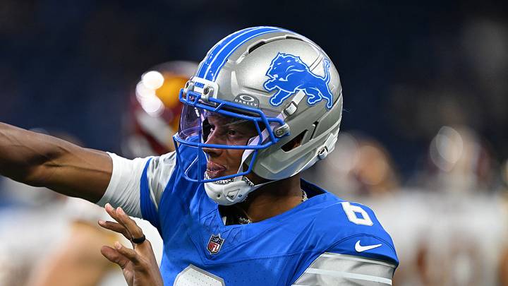 Aug 22, 2026; Detroit, Michigan, USA;  Detroit Lions quarterback Joshua Dobbs (6) throws passes during pregame warmups before their preseason game against the Washington Commanders at Ford Field.  Mandatory Credit: Lon Horwedel-Imagn Images