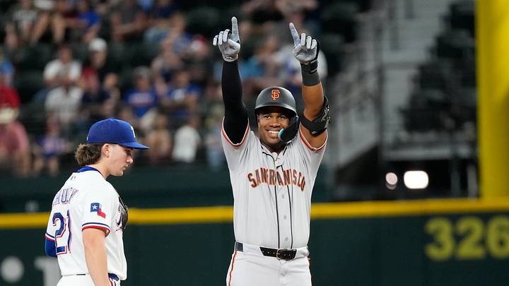 Aug 5, 2026; Arlington, Texas, USA; San Francisco Giants left fielder Eddys Leonard (49) celebrates his first MLB hit during the second inning against the Texas Rangers at Globe Life Field. Mandatory Credit: Jim Cowsert-Imagn Images Aug 5, 2026; Arlington, Texas, USA; San Francisco Giants left fielder Eddys Leonard (49) celebrates his first MLB hit during the second inning against the Texas Rangers at Globe Life Field. Mandatory Credit: Jim Cowsert-Imagn Images