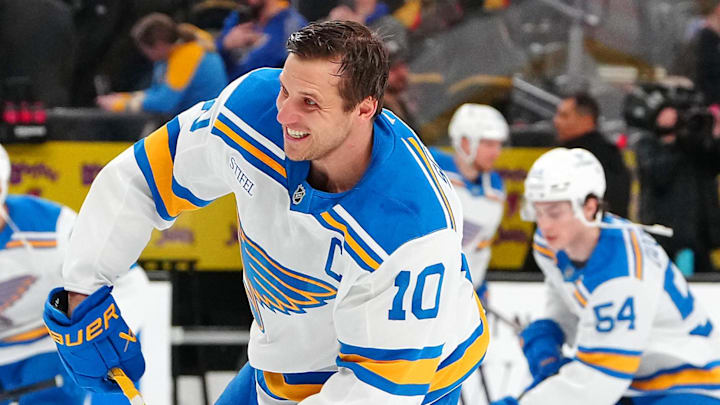 Jan 10, 2026; Las Vegas, Nevada, USA; St. Louis Blues center Brayden Schenn (10) warms up before a game against the Vegas Golden Knights at T-Mobile Arena. Mandatory Credit: Stephen R. Sylvanie-Imagn Images